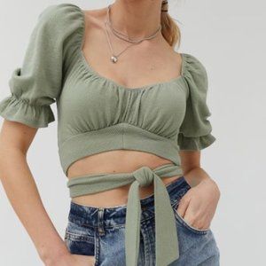 UO Puff Sleeve Green Wrap Crop Top Women's Medium